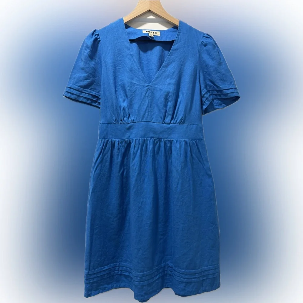 Boden 100% Linen Blue V-Neck Puff Sleeve Dress US 8R - Picture 1 of 11